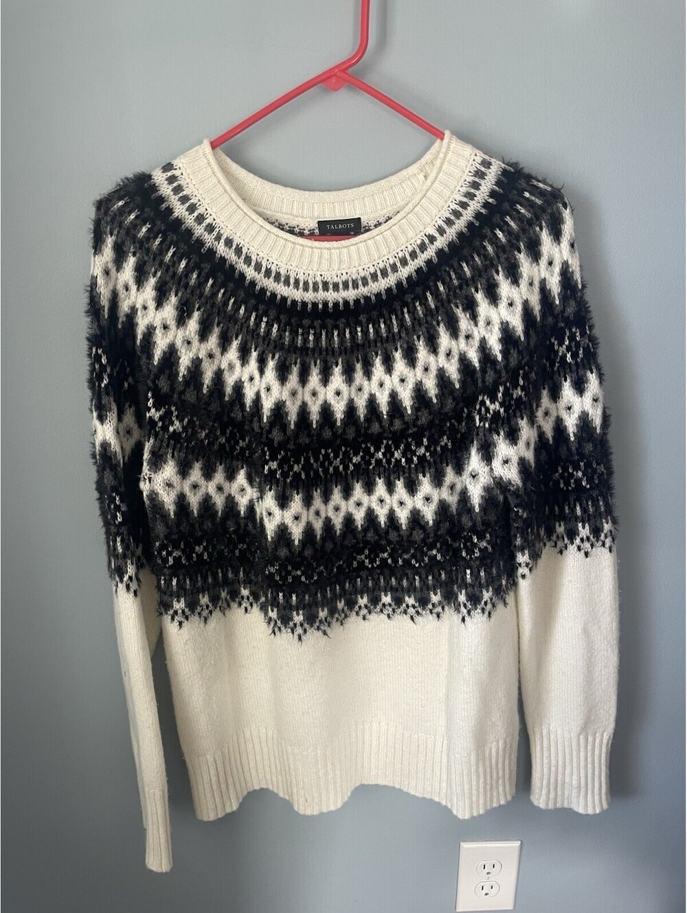 Talbots Women's Ivory Black Fair Isle Knit Crew Neck Pullover Sweater M